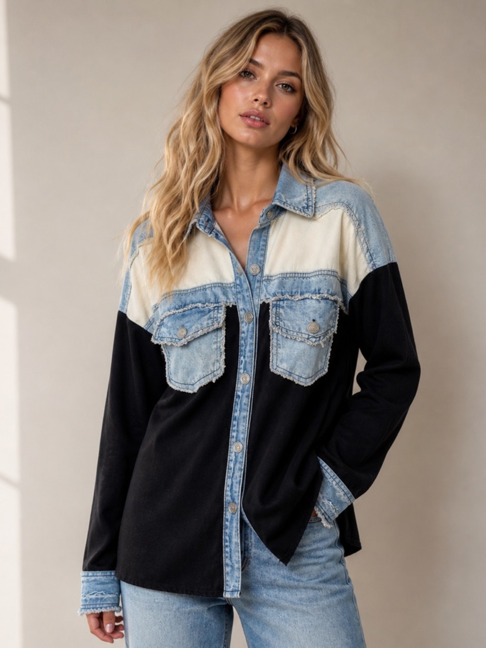 Thrill Jeans Colorblock Denim Shirt Jacket – Black & Light Wash – Size S